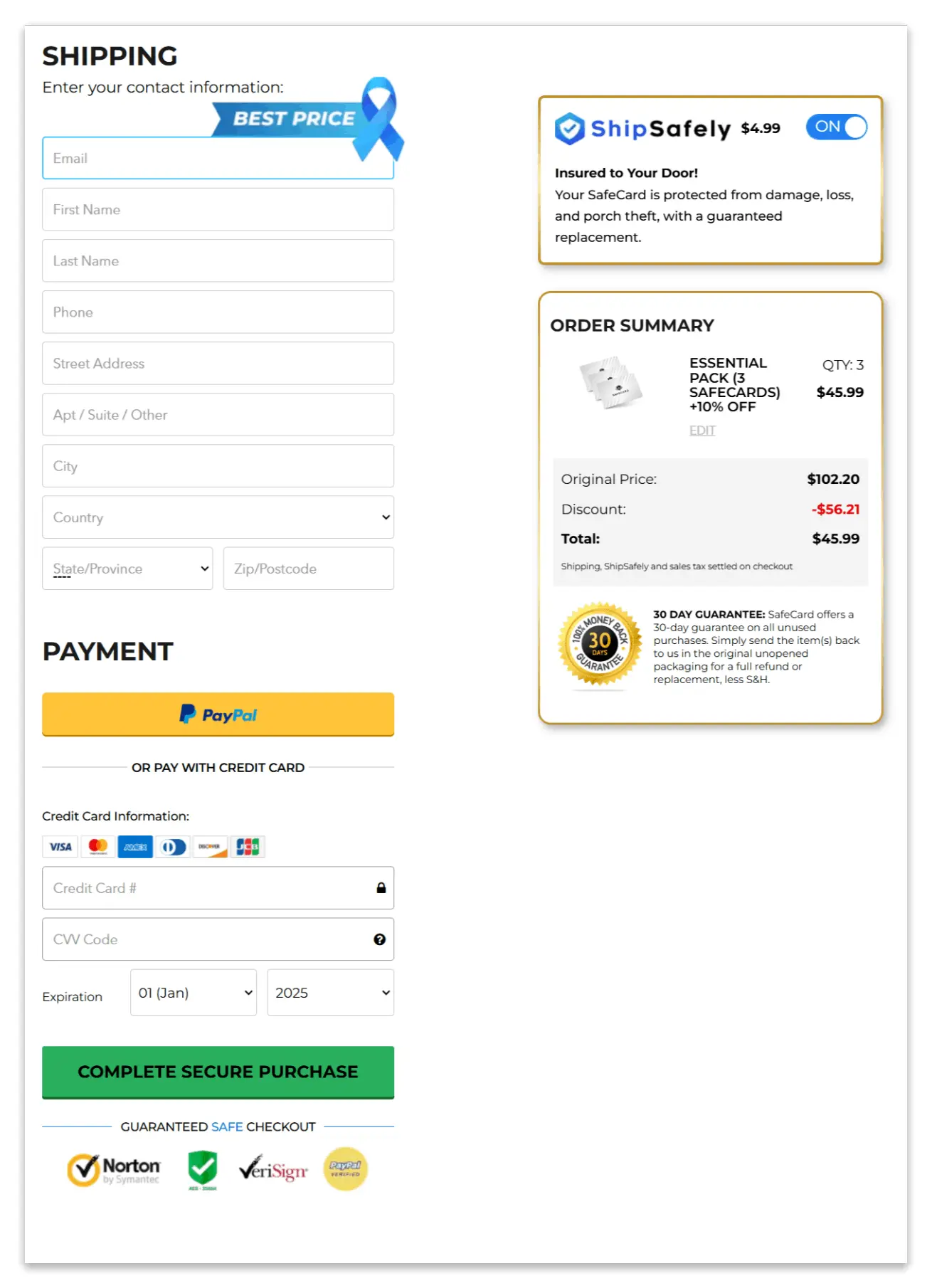 SafeCard secure checkout page